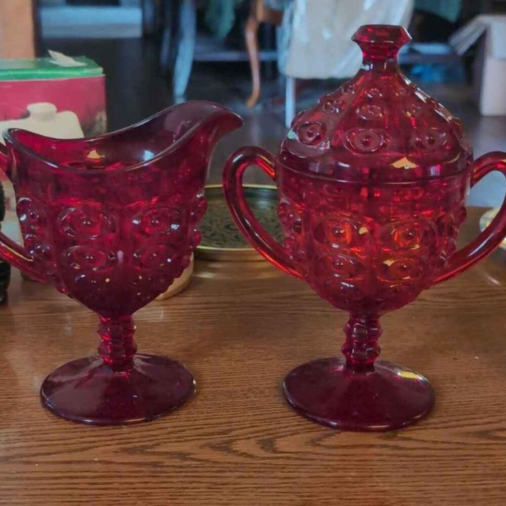 Ruby Red Viking Glass Yesteryear Bullseye 3 pc Covered Sugar & Creamer